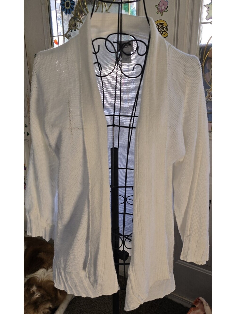 Chico's White Linen Cotton Open Front Cardigan Med (1) 3/4 Sleeve Minamilist
